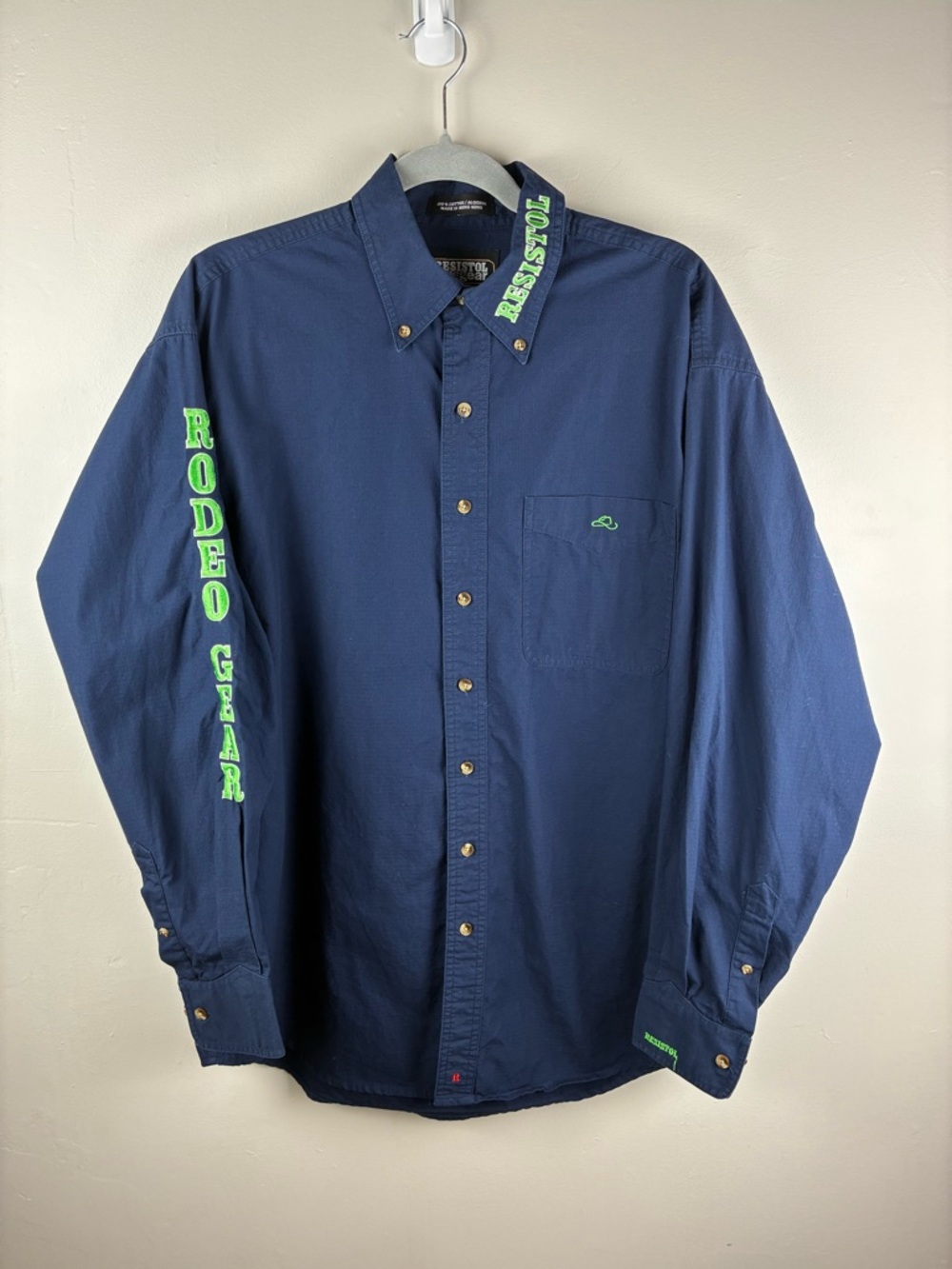 Resistol Rodeo Gear Men’s Button Up Western Shirt Navy Cowboy Logo Sz Medium